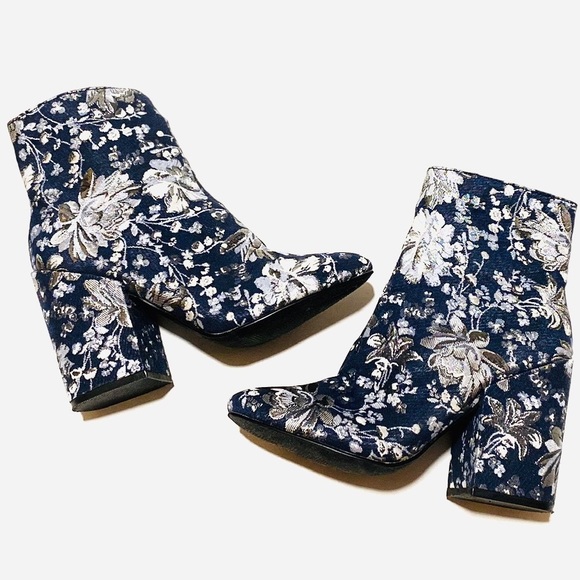 Merona Shoes - Blue and white floral booties with 3.5 inch heel